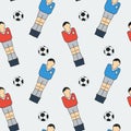 Table football sketch. Seamless pattern with hand-drawn cartoon icons - old-fashined foosball player and ball. Vector