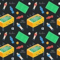 Table football sketch. Seamless pattern with hand-drawn cartoon icons - old-fashioned foosball player ,ball, field