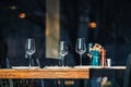 A table with four wine glasses and a salt and pepper shaker Royalty Free Stock Photo