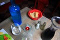 Table of a french restaurant with bread and carafe of water and wine