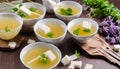 A table full of bowls of soup and tofu