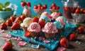 A table full of desserts including cupcakes and strawberries. Royalty Free Stock Photo