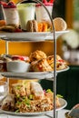 Table full of different appetizing desserts in the restaurant