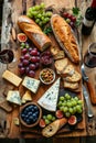 Table full of food including bread cheese grapes and other items. Generative AI Royalty Free Stock Photo