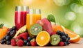 A table full of fresh fruit and juices Royalty Free Stock Photo