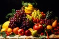 A table full of fruit including apples, oranges, bananas, and grapes. Royalty Free Stock Photo