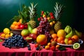 A table full of fruit including apples, oranges, bananas, and grapes. Royalty Free Stock Photo