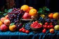 A table full of fruit including apples, oranges, bananas, and grapes. Royalty Free Stock Photo