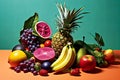 A table full of fruit including apples, oranges, bananas, and grapes. Royalty Free Stock Photo