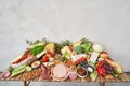 Table full of mediterranean appetizers, tapas or antipasto. Assorted Italian food set. Delicious snack on party or Royalty Free Stock Photo