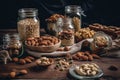 A table full of nuts and nuts including almonds, almonds, almonds, and almonds AI generation