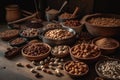 Processing nuts into vegan sauces and cheeses A table full of nuts and other nuts including almonds, almonds, and nuts. AI