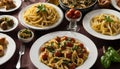 A table full of plates of pasta and sauce Royalty Free Stock Photo