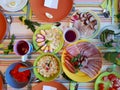 Table full of tasty food seen from above. Traditional natural easter family meal, easter brunch concept