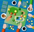 Table game flat illustration. Family board game with player`s hands.