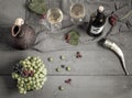 A bottle of wine, grapes and wine in a jug and glasses Royalty Free Stock Photo