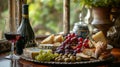 A table with a glass of wine and some grapes, cheese, bread, AI Royalty Free Stock Photo