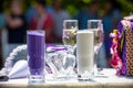 Table with glasses of sand prepared for sand ceremony during wedding of bride and groom Royalty Free Stock Photo