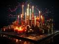 table with gold and silver elements and candles and candelabras, in the background a graph with Forex value variations