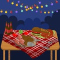 Table with grilled beef steaks, sausages, salmon, burgers, night barbecue party with festive illumination lights vector
