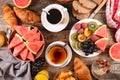 Healthy and full breakfast- coffee cup, fruit and croissant