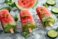 On the table is homemade watermelon-cucumber ice cream on ice Royalty Free Stock Photo