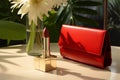 A table hosts red lipstick and a box, blending style