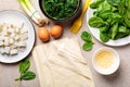 Table with ingredients for cooking phyllo or filo pastry savory pie with spinach Royalty Free Stock Photo