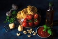 Making tomato pesto, with fresh pasta, parmesan cheese, keshu nuts, basil and olive oil Royalty Free Stock Photo