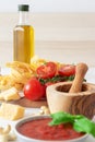 Making tomato pesto, with fresh pasta, parmesan cheese, keshu nuts, basil and olive oil Royalty Free Stock Photo