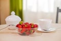 On the table in the kitchen is a hundred of a bowl of strawberries