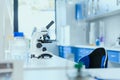 Table with laboratory equipment in chemical lab, clean room laboratory concept Royalty Free Stock Photo