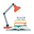 Table lamp, different books, glasses. Love reading concept. Vector illustration in flat style