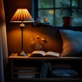 Table lamp illuminates cozy reading scene, adjacent to book