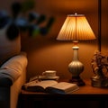 Table lamp illuminates cozy reading scene, adjacent to book