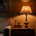 Table lamp illuminates cozy reading scene, adjacent to book