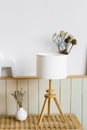 Table lamp, lavender in a white vase in the decor of the living room in a minimalist Scandinavian style