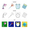 Table lamp, scissors, alarm clock, calculator. School and education set collection icons in cartoon,outline,flat style