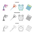 Table lamp, scissors, alarm clock, calculator. School and education set collection icons in cartoon,outline,monochrome