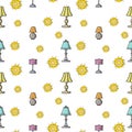 Table lamps with multicolored lampshades, seamless square pattern in cartoon style