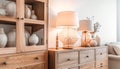 Table lamps on wooden chest of drawers, in modern living room. Created with generative AI