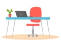 Table with laptop and chair in interior of workplace in apartment. Modern workplace at home Royalty Free Stock Photo