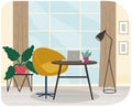 Table with laptop and chair at place for working. Workplace interior with furniture and houseplant Royalty Free Stock Photo