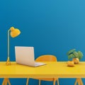 Table with laptop mock up.Yellow chair,lamp,table on blue background.Working space concept Royalty Free Stock Photo