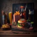 On the table is a large selection of products for takeaway or delivery. Hamburgers, pizza, drinks. background of wood.