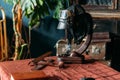 on the table lies the pilot's helmet, a toy airplane made of wood Royalty Free Stock Photo