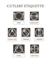 Table manners. Cutlery etiquette. Vector icon set simple flat. Eating rules. Fork knife on plate. Fine dining etiquette. Cutlery