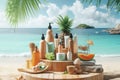 table with many bottles lotion and other beauty products, with pineapple Royalty Free Stock Photo