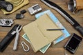 Table With Many Objects For Travel or Expedition or Hike Royalty Free Stock Photo