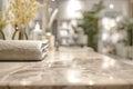 Table with marble stone counter top, blurred white bathroom backdrop, display for product presentation Royalty Free Stock Photo